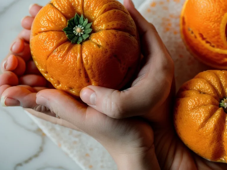 A close-up of a hand peeling a tangerine in a bright kitchen.