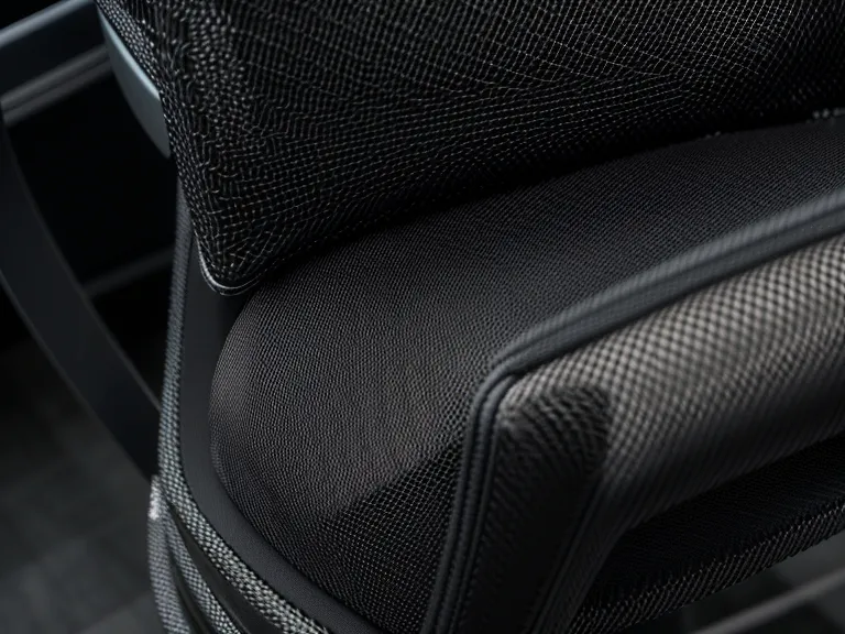Close-up of the breathable mesh material on an ergonomic office chair.