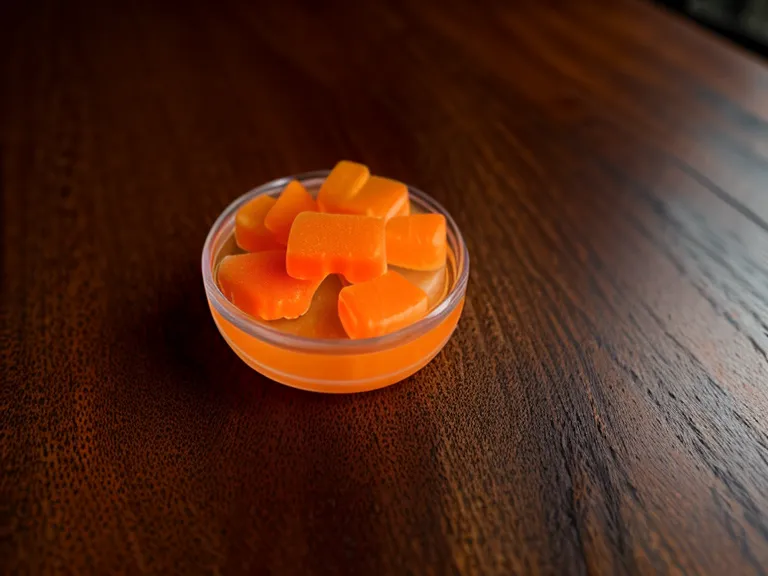 Close-up of a FlowForce Max chewable gummy showing its texture and orange color.