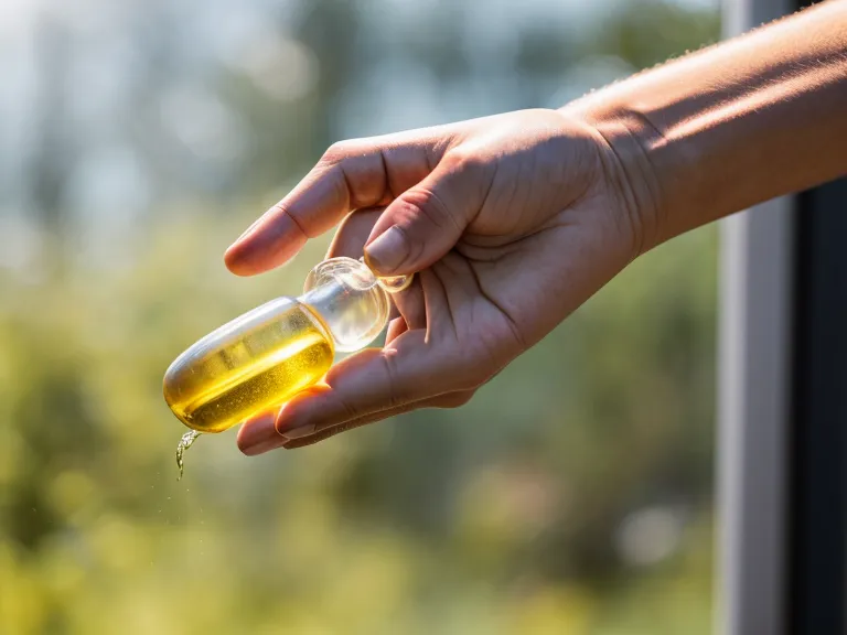 Close-up of a person adding liquid supplement drops to a glass of water.