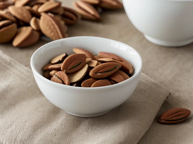 A hand placing a Brazil nut into a small ceramic bowl.